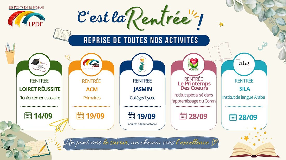 Affiche de rentrée 2026-2027 : reprise de toutes les activités de la fédération Les Ponts de El Fayhae